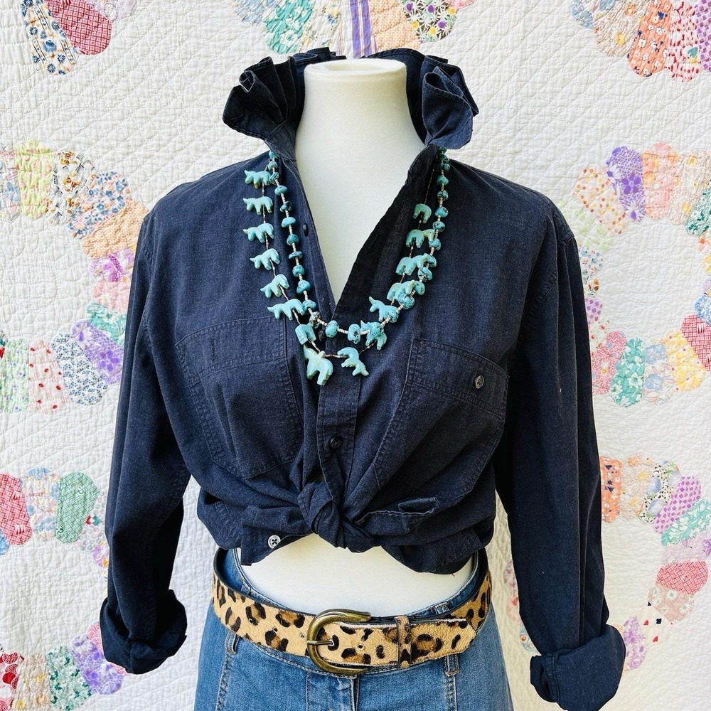 Upcycled Rocker Chic J. Crew Solid Faded Black Workwear Ruffle Collar Shirt L